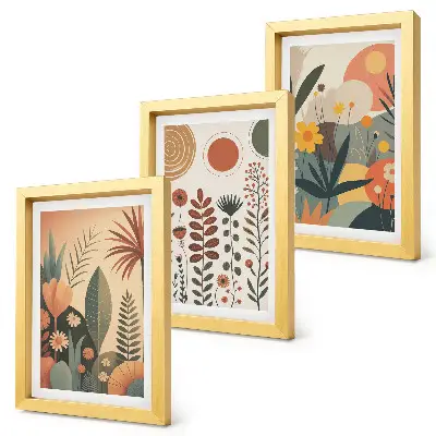 Bilderwand mit Boho-Pflanzenmustern in warmen Farbtönen und natürlichem Flair