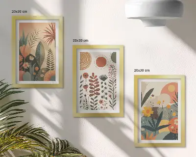 Bilderwand mit Boho-Pflanzenmustern in warmen Farbtönen und natürlichem Flair