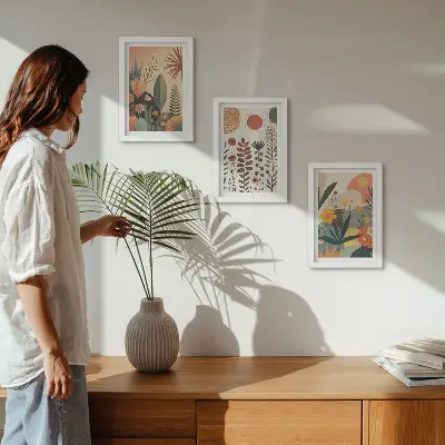 Bilderwand mit Boho-Pflanzenmustern in warmen Farbtönen und natürlichem Flair
