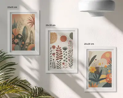 Bilderwand mit Boho-Pflanzenmustern in warmen Farbtönen und natürlichem Flair