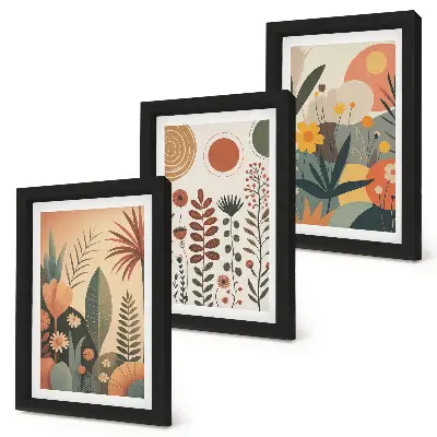 Bilderwand mit Boho-Pflanzenmustern in warmen Farbtönen und natürlichem Flair