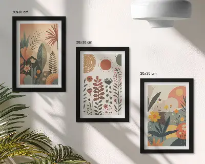Bilderwand mit Boho-Pflanzenmustern in warmen Farbtönen und natürlichem Flair