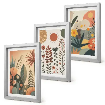 Bilderwand mit Boho-Pflanzenmustern in warmen Farbtönen und natürlichem Flair