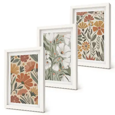 Bilderset mit Rahmen mit Blumenmuster in Orange- und Grüntönen
