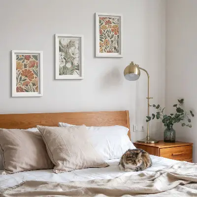 Bilderset mit Rahmen mit Blumenmuster in Orange- und Grüntönen