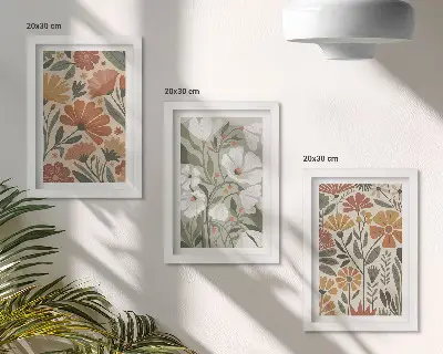 Bilderset mit Rahmen mit Blumenmuster in Orange- und Grüntönen