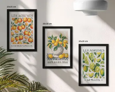 Bilderwand mit frischen Zitrusfrüchten in bunten Farben