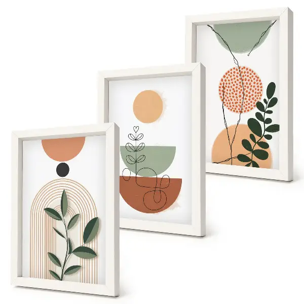 Bilderwand mit abstrakten Formen und farbenfrohen Pflanzenmotiven