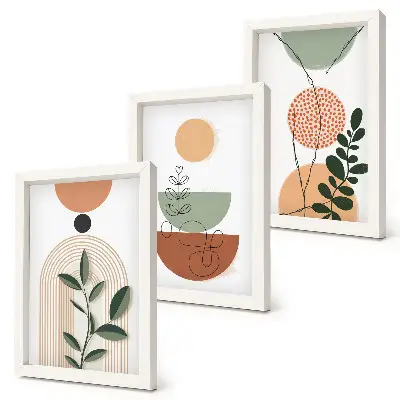 Bilderwand mit abstrakten Formen und farbenfrohen Pflanzenmotiven