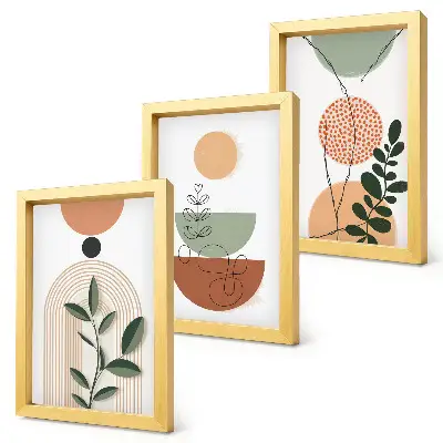 Bilderwand mit abstrakten Formen und farbenfrohen Pflanzenmotiven