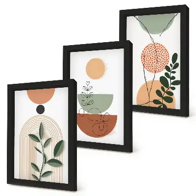 Bilderwand mit abstrakten Formen und farbenfrohen Pflanzenmotiven