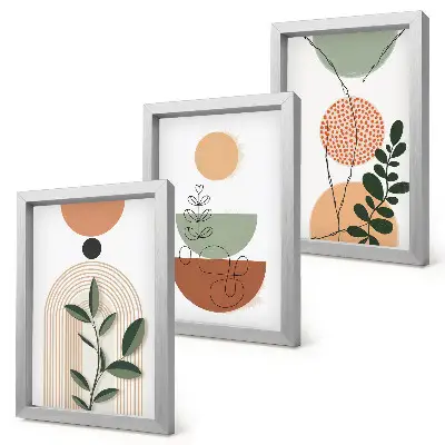 Bilderwand mit abstrakten Formen und farbenfrohen Pflanzenmotiven