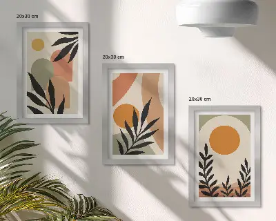 Fotowand mit abstrakten Formen und Pflanzenmotiven in warmen Farben