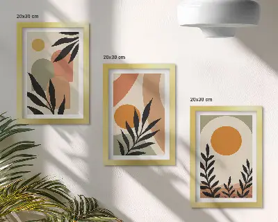 Fotowand mit abstrakten Formen und Pflanzenmotiven in warmen Farben
