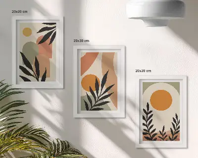 Fotowand mit abstrakten Formen und Pflanzenmotiven in warmen Farben