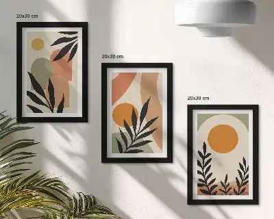 Fotowand mit abstrakten Formen und Pflanzenmotiven in warmen Farben