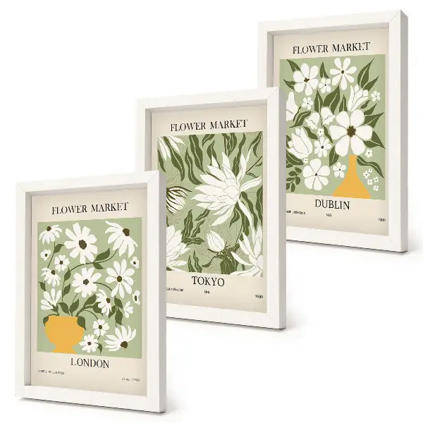 Bilderwand mit floralen Motiven aus London Tokio und Dublin
