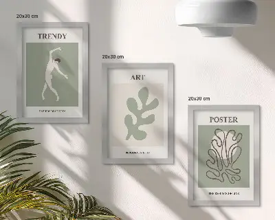 Fotowand mit abstrakten Figuren und Pflanzenmotiven in gedeckten Farben