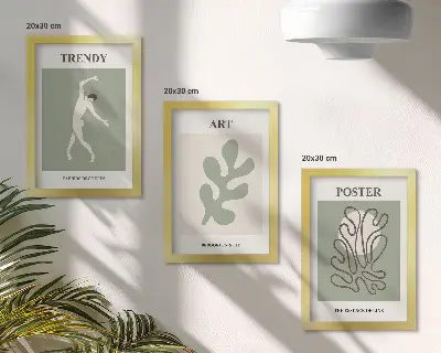 Fotowand mit abstrakten Figuren und Pflanzenmotiven in gedeckten Farben