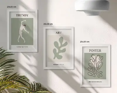Fotowand mit abstrakten Figuren und Pflanzenmotiven in gedeckten Farben