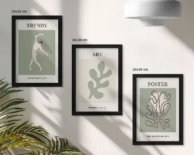 Fotowand mit abstrakten Figuren und Pflanzenmotiven in gedeckten Farben