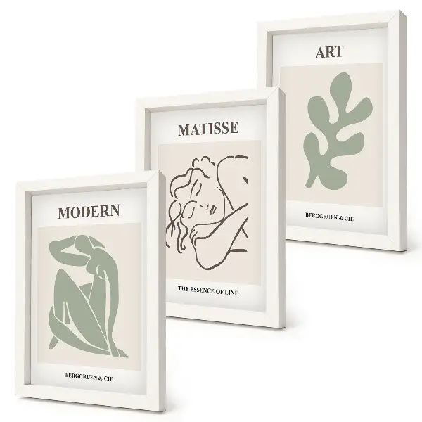 Bilderset mit Rahmen stilvolle Figuren und Pflanzen im minimalistischen Design