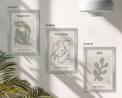 Bilderset mit Rahmen stilvolle Figuren und Pflanzen im minimalistischen Design
