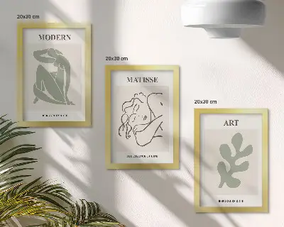 Bilderset mit Rahmen stilvolle Figuren und Pflanzen im minimalistischen Design