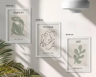 Bilderset mit Rahmen stilvolle Figuren und Pflanzen im minimalistischen Design