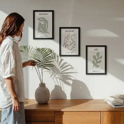 Bilderset mit Rahmen stilvolle Figuren und Pflanzen im minimalistischen Design