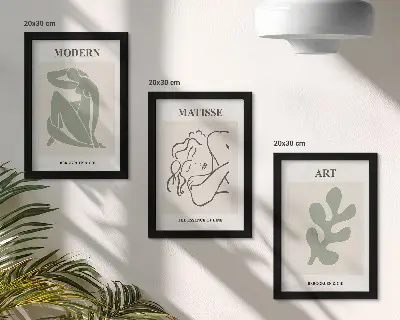 Bilderset mit Rahmen stilvolle Figuren und Pflanzen im minimalistischen Design