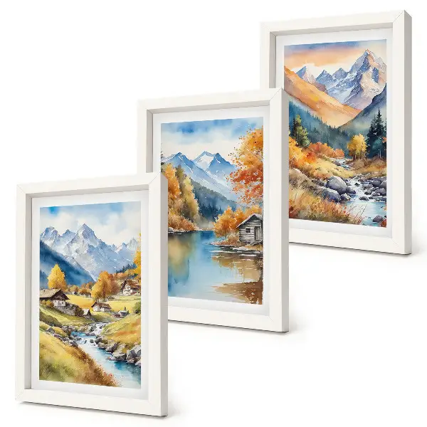Fotowand mit gemalten Herbstbergen, Fluss und Hütten