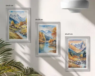 Fotowand mit gemalten Herbstbergen, Fluss und Hütten