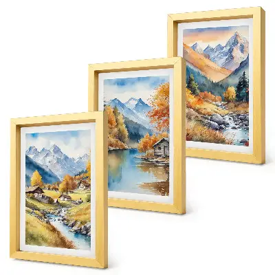 Fotowand mit gemalten Herbstbergen, Fluss und Hütten