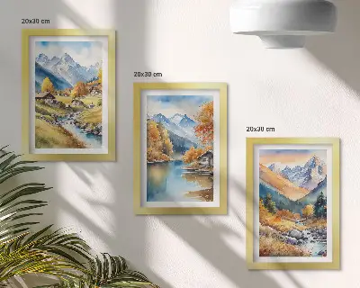 Fotowand mit gemalten Herbstbergen, Fluss und Hütten