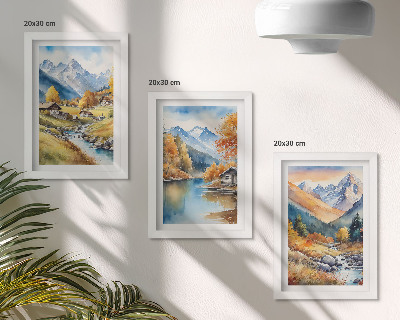 Fotowand Gemalte Herbstberge mit einem Fluss und Hütten