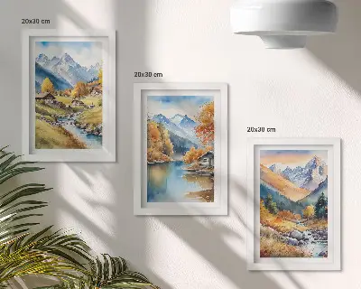 Fotowand mit gemalten Herbstbergen, Fluss und Hütten