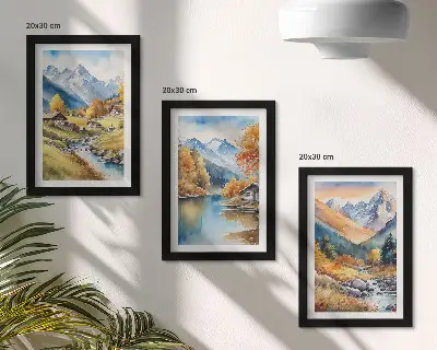 Fotowand mit gemalten Herbstbergen, Fluss und Hütten