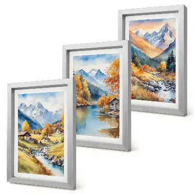 Fotowand mit gemalten Herbstbergen, Fluss und Hütten