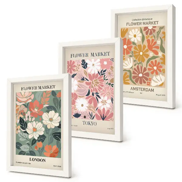 Bilderwand mit floralen Motiven von London, Tokio und Amsterdam