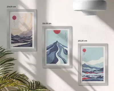 Abstrakte Berglandschaften im japanischen Stil als Bilderset mit Rahmen