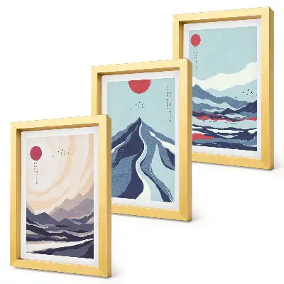 Abstrakte Berglandschaften im japanischen Stil als Bilderset mit Rahmen