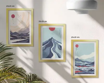 Abstrakte Berglandschaften im japanischen Stil als Bilderset mit Rahmen