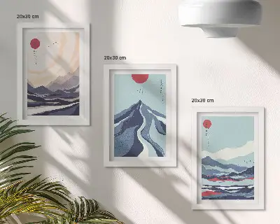 Abstrakte Berglandschaften im japanischen Stil als Bilderset mit Rahmen