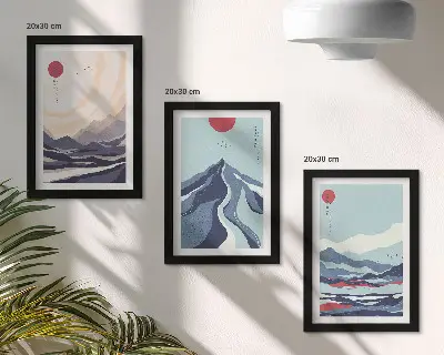 Abstrakte Berglandschaften im japanischen Stil als Bilderset mit Rahmen