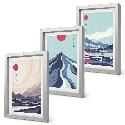Abstrakte Berglandschaften im japanischen Stil als Bilderset mit Rahmen