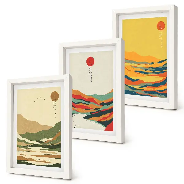 Fotowand mit farbenfrohen Berg- und Flussmotiven im Japandi-Stil