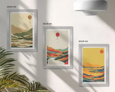 Fotowand mit farbenfrohen Berg- und Flussmotiven im Japandi-Stil