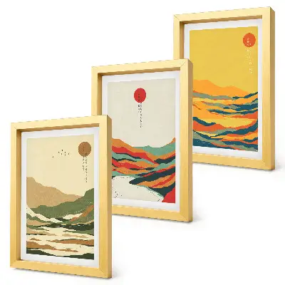 Fotowand mit farbenfrohen Berg- und Flussmotiven im Japandi-Stil