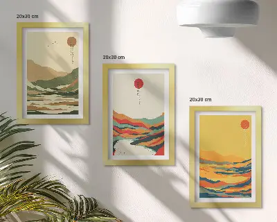 Fotowand mit farbenfrohen Berg- und Flussmotiven im Japandi-Stil
